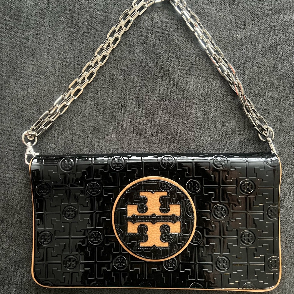 Tory Burch Black Patent Leather Clutch with Tan Accents